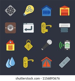 Set Of 16 icons such as Remote, Smart home, Doorknob, Water, Smartphone, Cooler, Dimmer, Home, Handle on black background, web UI editable icon pack