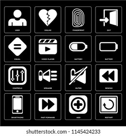 Set Of 16 icons such as Restart, Add, Fast forward, Smartphone, Rewind, User, Equal, Controls, Battery, web UI editable icon pack, pixel perfect