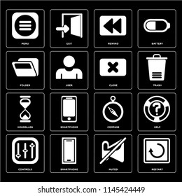 Set Of 16 icons such as Restart, Muted, Smartphone, Controls, Help, Menu, Folder, Hourglass, Close, web UI editable icon pack, pixel perfect