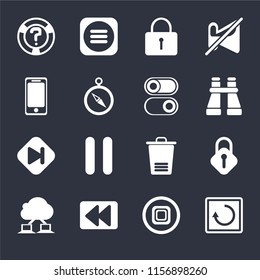 Set Of 16 icons such as Restart, Stop, Rewind, Cloud computing, Lock, Help, Smartphone, Skip, Switch on black background, web UI editable icon pack