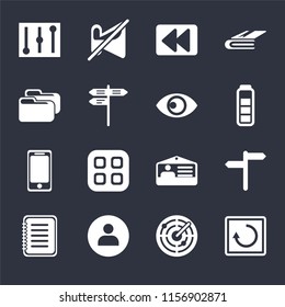 Set Of 16 icons such as Restart, Radar, User, Note, , Controls, Folder, Smartphone, View on black background, web UI editable icon pack