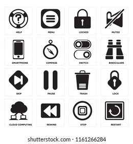 Set Of 16 icons such as Restart, Stop, Rewind, Cloud computing, Lock, Help, Smartphone, Skip, Switch, web UI editable icon pack, pixel perfect