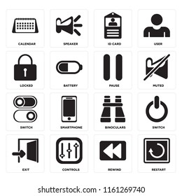 Set Of 16 icons such as Restart, Rewind, Controls, Exit, Switch, Calendar, Locked, Pause, web UI editable icon pack, pixel perfect