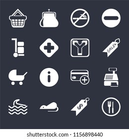 Set Of 16 icons such as Restaurant, Price, Rats, Wave, Cashier machine, Shopping basket, Trolley, Baby carriage, Junction on black background, web UI editable icon pack