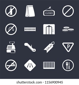 Set Of 16 icons such as Restaurant, Barcode, Road, No smoking, Parking, alcohol, turn, Cashier machine, Lift on black background, web UI editable icon pack