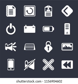 Set Of 16 icons such as Rewind, Multiply, Muted, Smartphone, Photos, Notepad, Switch, Speaker, Battery on black background, web UI editable icon pack