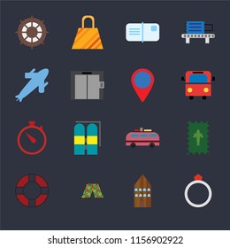 Set Of 16 icons such as Ring, Hotel, Swimsuit, Lifebuoy, Postage, Helm, Plane, Time, Location on black background, web UI editable icon pack