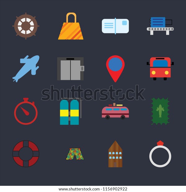 Set Of 16 icons such as Ring, Hotel, Swimsuit,\
Lifebuoy, Postage, Helm, Plane, Time, Location on black background,\
web UI editable icon pack