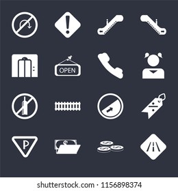 Set Of 16 icons such as Road, Coins, Wallet, Parking, Discount, No turn, Lift, alcohol, Telephone on black background, web UI editable icon pack