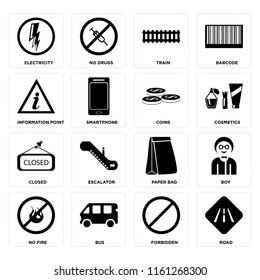 Set Of 16 icons such as Road, Forbidden, Bus, No fire, Boy, Electricity, Information point, Closed, Coins, web UI editable icon pack, pixel perfect