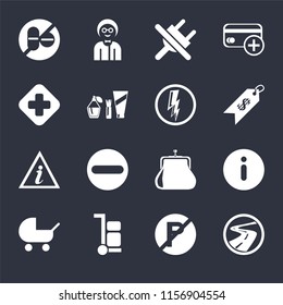 Set Of 16 icons such as Roads, No parking, Trolley, Baby carriage, Information, drugs, Hospital, Information point, Electricity on black background, web UI editable icon pack