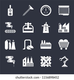 Set Of 16 icons such as Robot arm, Planning, Factory, Drilling machine, Coal, Switch, Conveyor, Refinery, Mill on black background, web UI editable icon pack