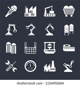 Set Of 16 icons such as Robot arm, Factory, Gauge, Tools, Measure, Sanding machine, Industrial robot, Silo, Robotic arm on black background, web UI editable icon pack