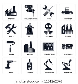 Set Of 16 icons such as Robot arm, Robotic Switch, Drill, Tank truck, Factory, Tools, Roller, Gas mask, web UI editable icon pack, pixel perfect