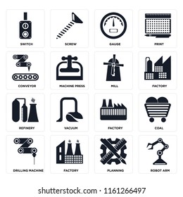 Set Of 16 icons such as Robot arm, Planning, Factory, Drilling machine, Coal, Switch, Conveyor, Refinery, Mill, web UI editable icon pack, pixel perfect