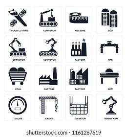 Set Of 16 icons such as Robot arm, Elevator, Crane, Gauge, Saw, Wood cutting, Conveyor, Coal, Factory, web UI editable icon pack, pixel perfect