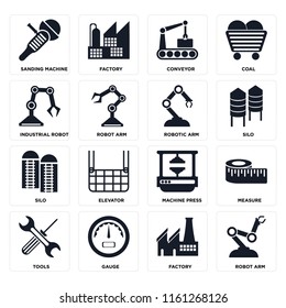 Set Of 16 icons such as Robot arm, Factory, Gauge, Tools, Measure, Sanding machine, Industrial robot, Silo, Robotic web UI editable icon pack, pixel perfect