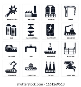 Set Of 16 icons such as Robot arm, Factory, Conveyor, Elevator, Maintenance, Silo, Measure, Electricity, web UI editable icon pack, pixel perfect