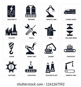 Set Of 16 icons such as Robotic arm, Nuclear plant, Conveyor, Settings, Electricity, Factory, Crane, Mill, web UI editable icon pack, pixel perfect