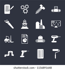 Set Of 16 icons such as Roller, Planning, Drill, Pipe, Planing, Saw, Forklift, Factory on black background, web UI editable icon pack
