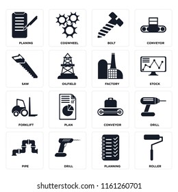 Set Of 16 icons such as Roller, Planning, Drill, Pipe, Planing, Saw, Forklift, Factory, web UI editable icon pack, pixel perfect