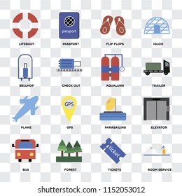 Set Of 16 icons such as Room service, Tickets, Forest, Bus, Elevator, Lifebuoy, Bellhop, Plane, Aqualung on transparent background, pixel perfect
