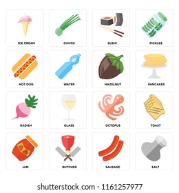 Set Of 16 icons such as Salt, Sausage, Butcher, Jam, Toast, Ice cream, Hot dog, Radish, Hazelnut, web UI editable icon pack, pixel perfect