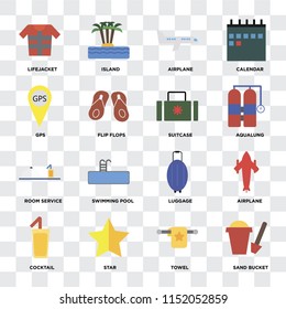 Set Of 16 icons such as Sand bucket, Towel, Star, Cocktail, Airplane, Lifejacket, Gps, Room service, Suitcase on transparent background, pixel perfect