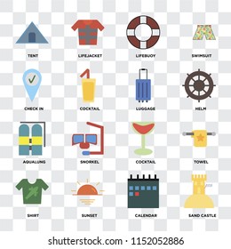 Set Of 16 icons such as Sand castle, Calendar, Sunset, Shirt, Towel, Tent, Check in, Aqualung, Luggage on transparent background, pixel perfect