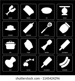 Set Of 16 icons such as Sausage, Ice cream, Olives, Salt, Glass, Pudding, Pot, Spatula, web UI editable icon pack, pixel perfect