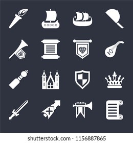 Set Of 16 icons such as Scroll, Fanfare, Lance, Sword, Crown, Torch, Bladder pipe, Standard on black background, web UI editable icon pack