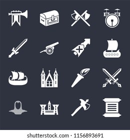 Set Of 16 icons such as Scroll, Axe, Castle, Coif, Swords, Fanfare, Sword, Ship, Lance on black background, web UI editable icon pack