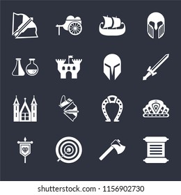 Set Of 16 icons such as Scroll, Axe, Archery, Banner, Crown, Crossbow, Alchemy, Church, Helmet on black background, web UI editable icon pack