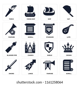 Set Of 16 icons such as Scroll, Fanfare, Lance, Sword, Crown, Torch, Bladder pipe, Standard, web UI editable icon pack, pixel perfect