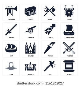 Set Of 16 icons such as Scroll, Axe, Castle, Coif, Swords, Fanfare, Sword, Ship, Lance, web UI editable icon pack, pixel perfect
