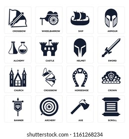 Set Of 16 icons such as Scroll, Axe, Archery, Banner, Crown, Crossbow, Alchemy, Church, Helmet, web UI editable icon pack, pixel perfect