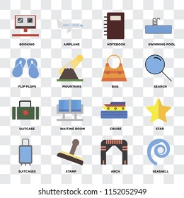 Set Of 16 icons such as Seashell, Arch, Stamp, Suitcases, Star, Booking, Flip flops, Suitcase, Bag on transparent background, pixel perfect