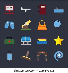 Set Of 16 icons such as Seashell, Arch, Stamp, Suitcases, Star, Booking, Flip flops, Suitcase, Bag on black background, web UI editable icon pack