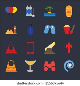 Set Of 16 icons such as Seashell, Binoculars, Cocktail, Bag, Airplane, Balloon, Landmark, Purse, Flip flops on black background, web UI editable icon pack