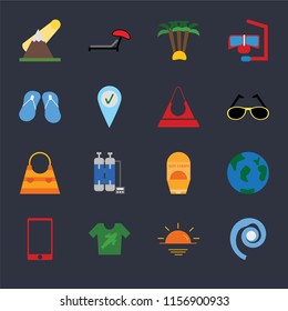 Set Of 16 icons such as Seashell, Sunset, Shirt, Phone, Travel, Mountains, Flip flops, Bag, Purse on black background, web UI editable icon pack