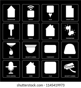 Set Of 16 icons such as Security camera, Plug, Home, Voice control, Dial, Automation, Smart key, Sensor, web UI editable icon pack, pixel perfect