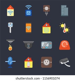Set Of 16 icons such as Security camera, Plug, Home, Voice control, Dial, Automation, Smart key, Sensor, Home on black background, web UI editable icon pack
