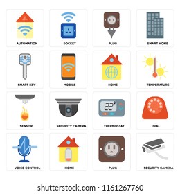 Set Of 16 icons such as Security camera, Plug, Home, Voice control, Dial, Automation, Smart key, Sensor, web UI editable icon pack, pixel perfect