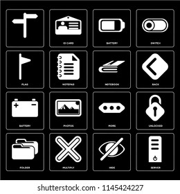 Set Of 16 icons such as Server, Hide, Multiply, Folder, Unlocked, , Flag, Battery, Notebook, web UI editable icon pack, pixel perfect