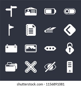 Set Of 16 icons such as Server, Hide, Multiply, Folder, Unlocked, , Flag, Battery, Notebook on black background, web UI editable icon pack
