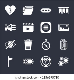 Set Of 16 icons such as Settings, Help, Switch, Flag, Fingerprint, Dislike, Speaker, Hide, Menu on black background, web UI editable icon pack