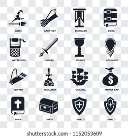 Set Of 16 icons such as Shield, Chest, Bible, Money bag, Witch, Water well, Quiver, Goblet on transparent background, pixel perfect