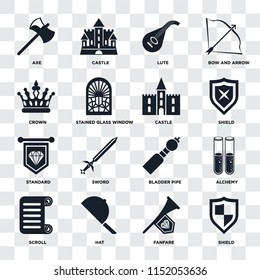 Set Of 16 icons such as Shield, Fanfare, Hat, Scroll, Alchemy, Axe, Crown, Standard, Castle on transparent background, pixel perfect