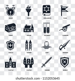 Set Of 16 icons such as Shield, Sword, Castle, Dagger, Drum, Chest, Alchemy on transparent background, pixel perfect