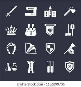 Set Of 16 icons such as Shield, Alchemy, Tower, Fanfare, Sword, Crown, Horseshoe, Standard on black background, web UI editable icon pack